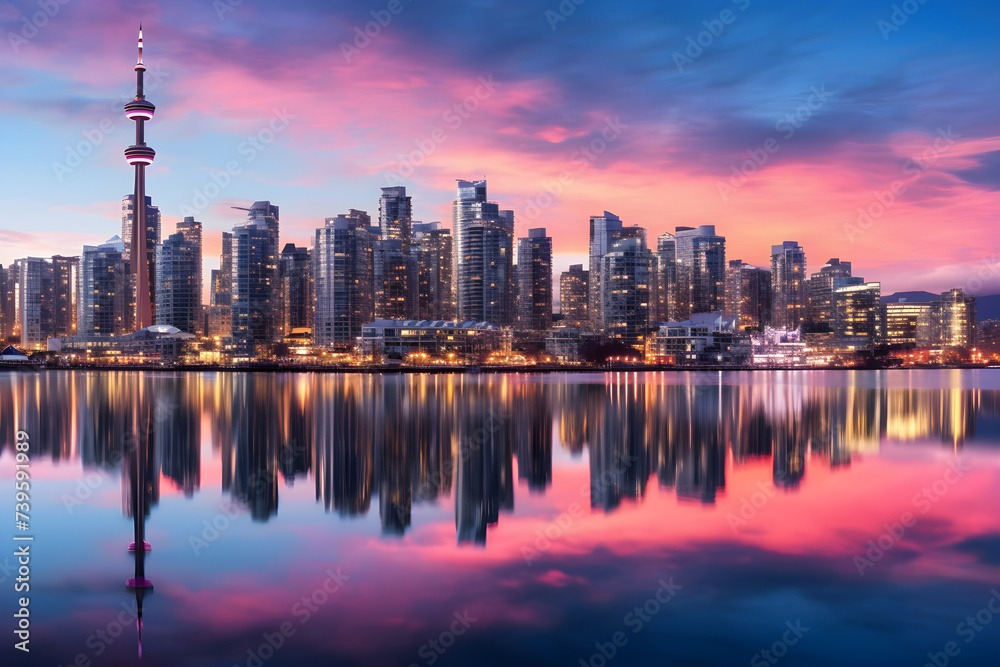 Evening Twilight: An Illuminated FZ Metropolitan Skyline with Spectacular Water Reflections
