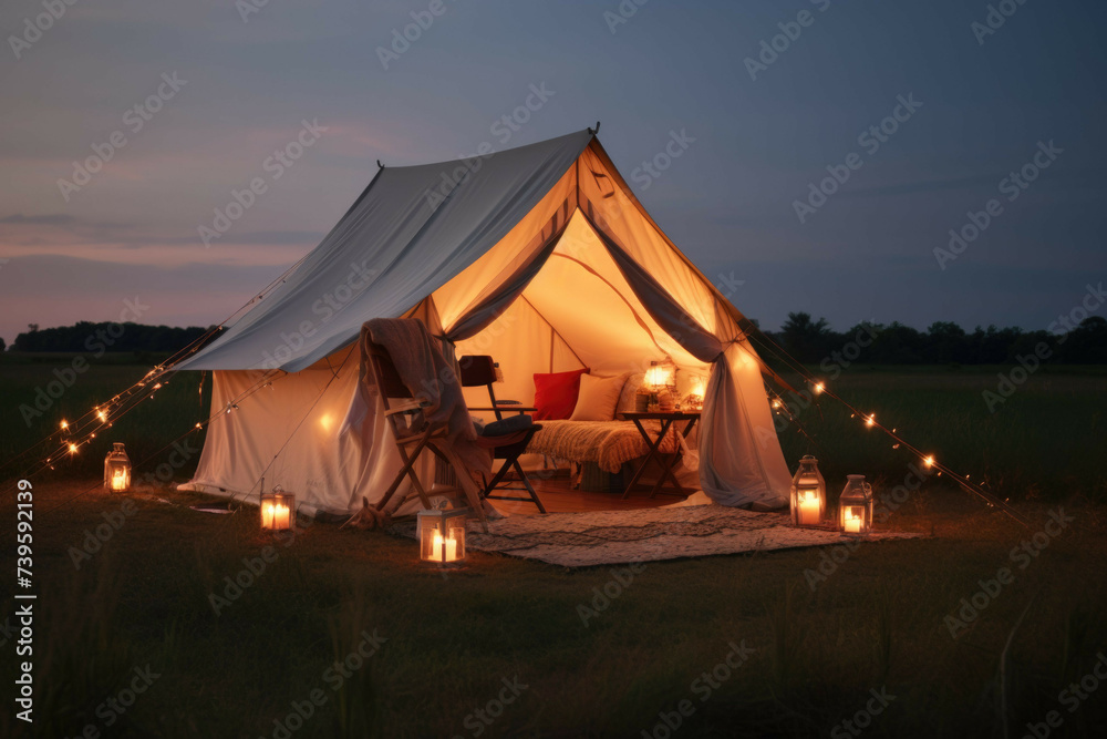 the rustic camper tent with candle lit in summer evening