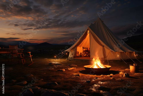 a light lighted tent with a fire pit in the background