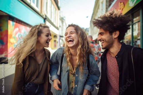 laughing group of friends together in a square
