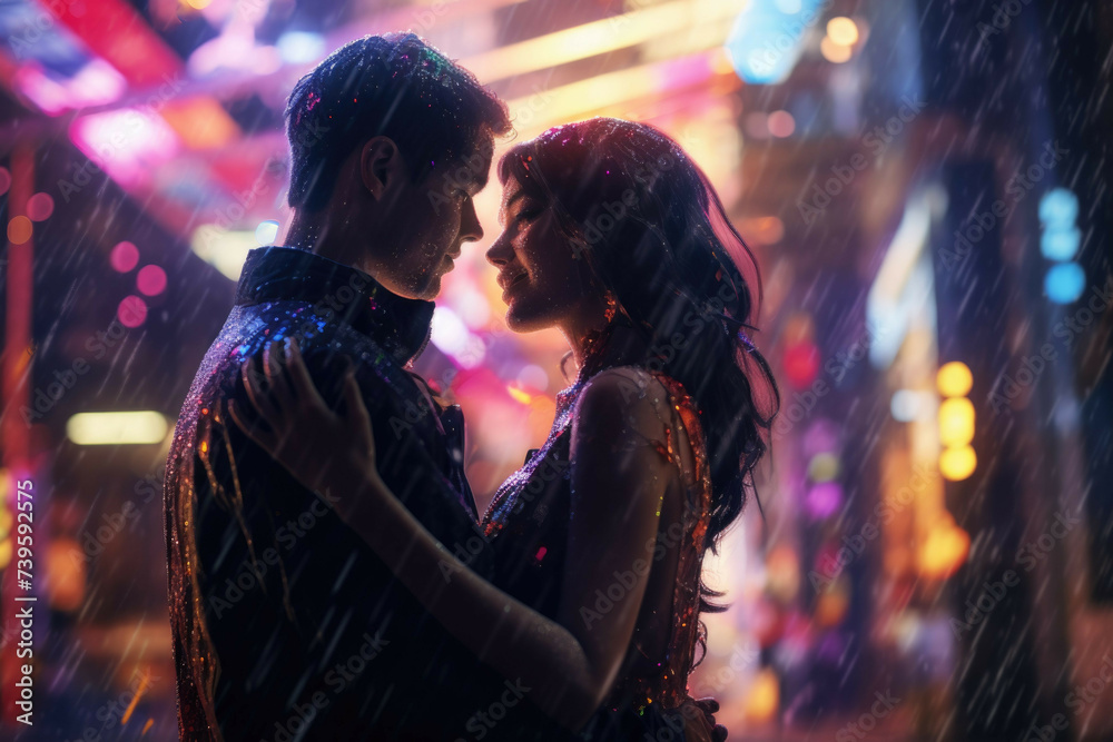 Couple dancing in the rain with colorful umbrellas Couple dancing in the rain with colorful umbrellas