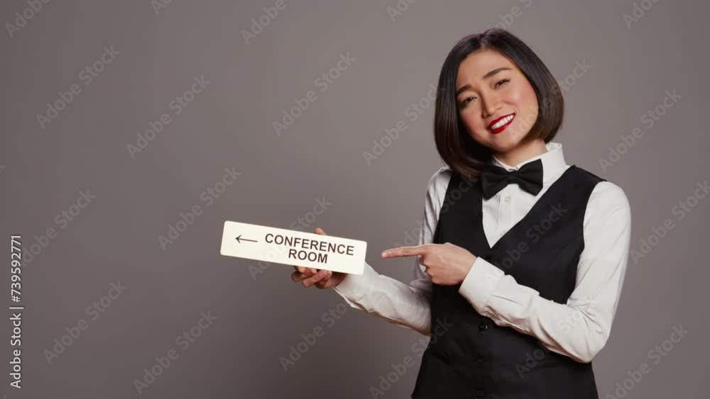 Asian receptionist pointing at wall indicator for conference room, using pointer to help customers find all amenities and facilities. Woman employee holding sign to indicate directions. Camera B.