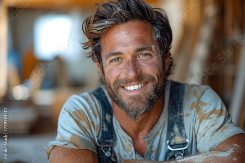 A rugged, smiling man sits comfortably indoors, his wet hair and overalls adding to his charming and down-to-earth appearance, while his thick beard exudes a sense of masculinity and warmth photo