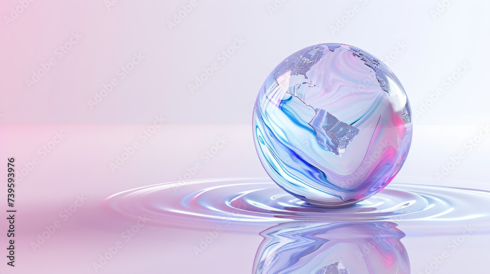 A 3d globe icon, 3d icon, crystal glass material, mass effect, translucent material, light violet and light blue style, in surreal 3d landscape style, in futuristic colorful waves A 3d globe icon, 3d icon, crystal glass material, mass effect, translucent material, light violet and light blue style, in surreal 3d landscape style, in futuristic colorful waves