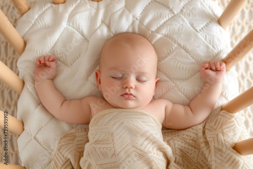 Newborn baby sleeping in crib arms and legs outstretched