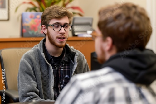 Male student meeting counselor to discuss mental health issues