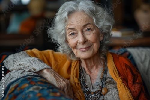 A joyous senior woman beams with warmth and confidence, radiating a lifetime of experiences through her wise wrinkles, captured in a vibrant indoor portrait