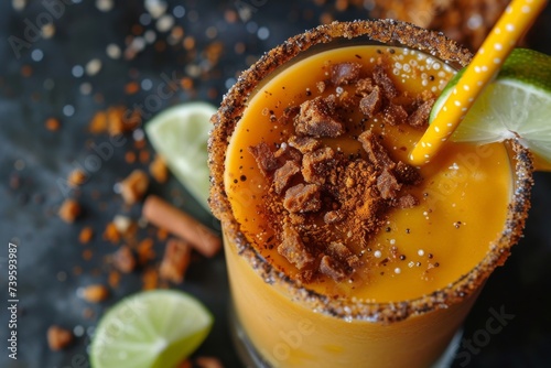 Mexican mango smoothie with chamoy sauce chili lime seasoning and tamarind candy straw