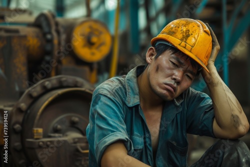 Overworked engineer in factory feels sick and overheated due to poor ventilation photo