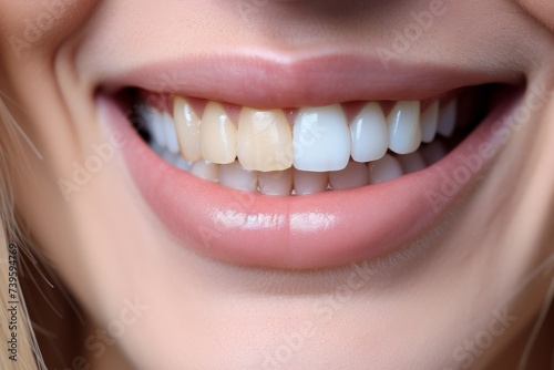 Matching the shades of dental implants or teeth whitening for a young woman s beautiful smile and white teeth