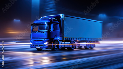 Truck, lorry with cargo trailer attached driving on the highway at night. Logistic concept withopy space for text.