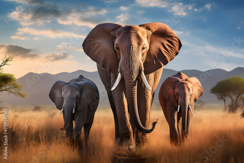 Tender Moments in the Wild: A Close-Knit Family of Elephants Navigating the Vibrant African Savannah © Howard