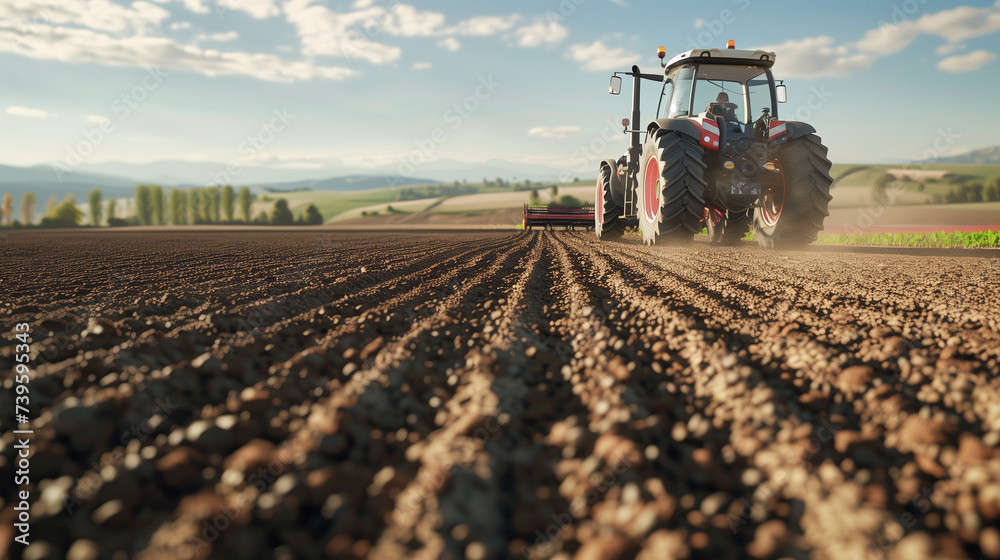 Fototapeta premium A hyper-realistic depiction of a tractor plowing a field, captured from a top-down perspective with a clear view of the horizon