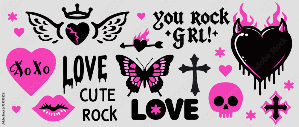 Trendy gothic style stickers with roses, hearts and crosses. Set of vector illustrations in Y2K tattoo style in black and pink colors.