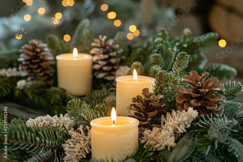 Candlelight flickering amidst holiday greenery Creating a warm and inviting ambiance for festive celebrations and gatherings