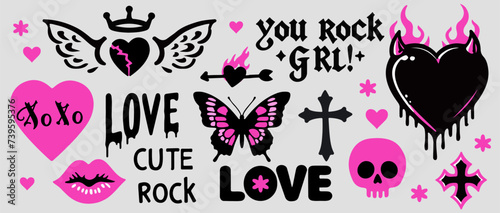 Trendy gothic style stickers with roses, hearts and crosses. Set of vector illustrations in Y2K tattoo style in black and pink colors.