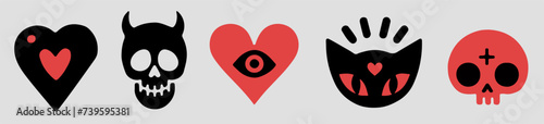 A set of cartoon skulls and hearts in various designs. Vector illustrations for flash tattoos and stickers.