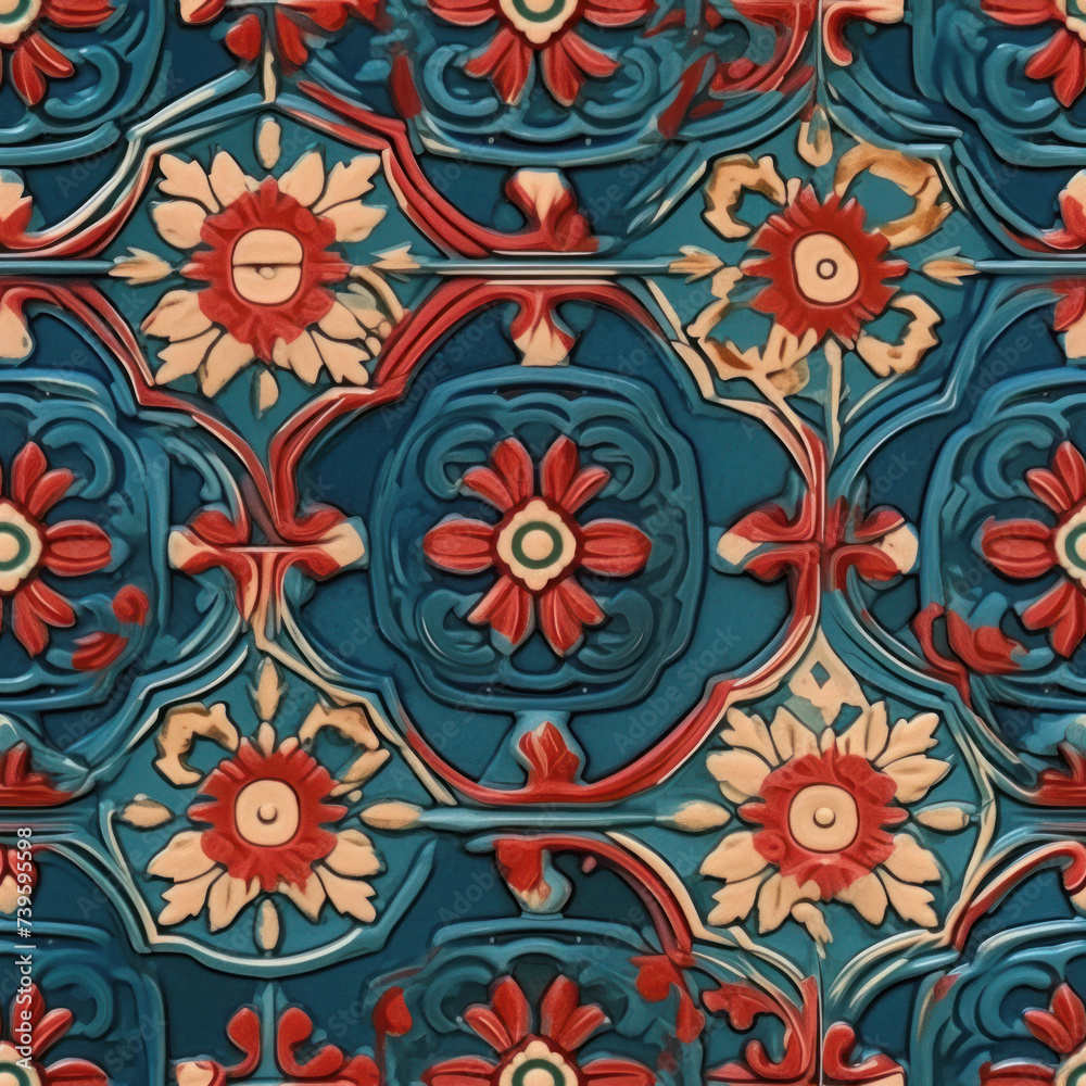 Close-up of an ornate vintage tile with an intricate pattern design featuring floral and geometric motifs.