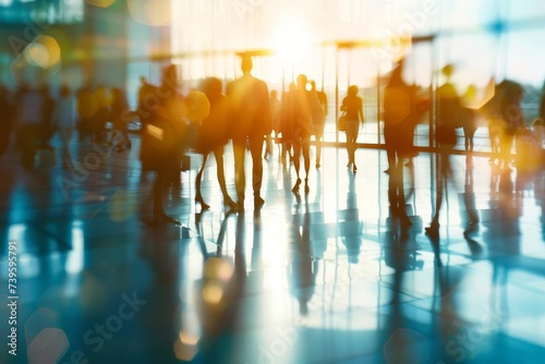 Expo or convention scene with blurred figures in a large hall Concept of business networking and industry events