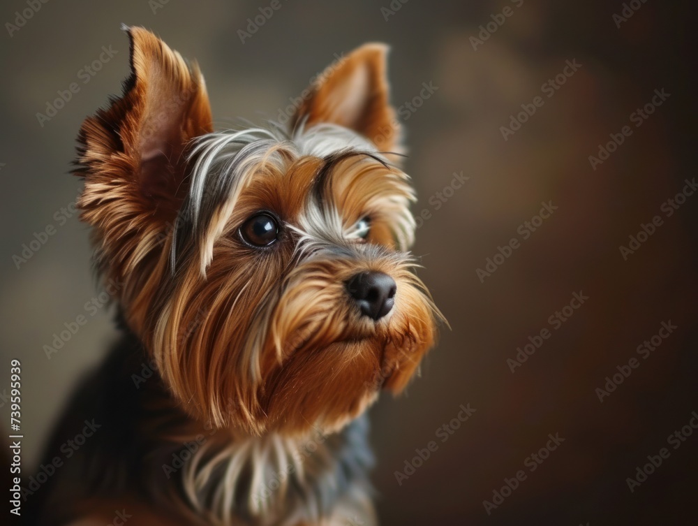 An attentive Yorkshire Terrier looking off into the distance, its sharp gaze and perked ears highlighting its spirited and inquisitive nature.