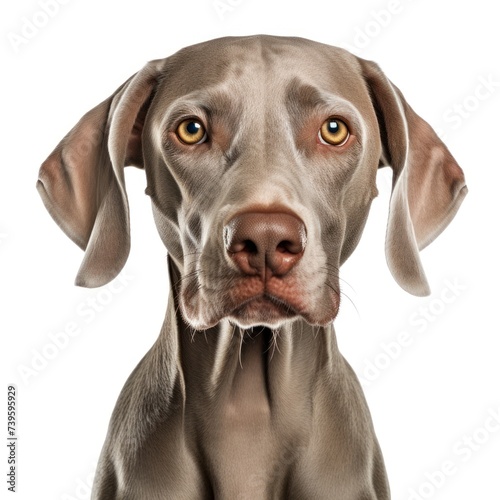 A detailed close-up portrait of a grey Weimaraner dog with a concentrated gaze. © Evarelle