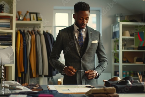 Stylish African American businessman in luxury atelier wearing tailored suit for wedding or business Fashion handcraft couturier concept