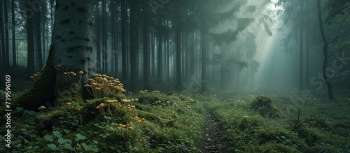 Enchanting forest scene with abundant mushrooms covering the forest floor photo
