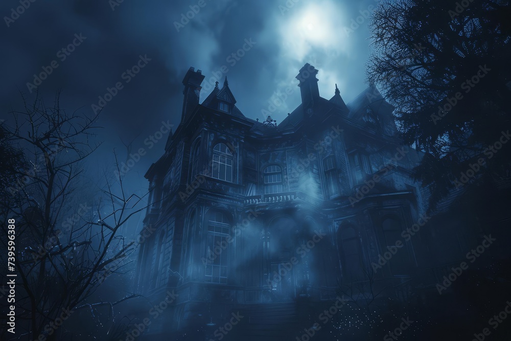 Mystical mansion veiled in moonlight and mist Creating an atmosphere of eerie beauty and haunting allure Perfect for tales of mystery and the supernatural.