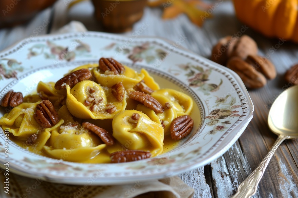 Pasta with pumpkin or butternut squash pecans and brown butter