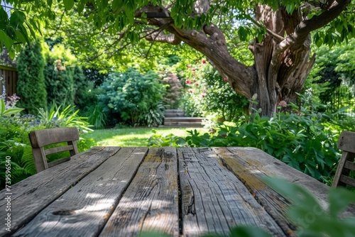 Rustic wooden table in a lush garden setting Outdoor dining and relaxation Natural and serene atmosphere