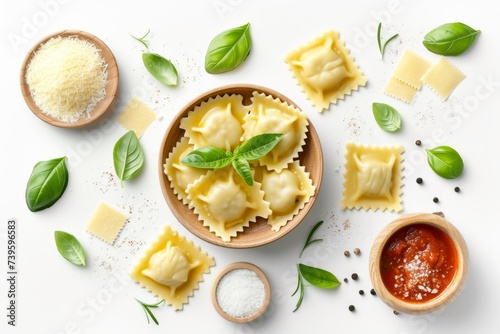 Italian ravioli pasta filled with spinach and ricotta served with tomato sauce parmesan and basil leaf Isolated on white viewed from above photo