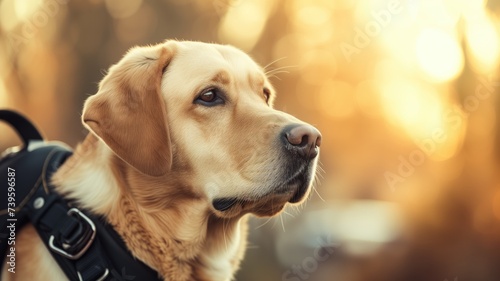 A service dog attentively gazes into the distance photo