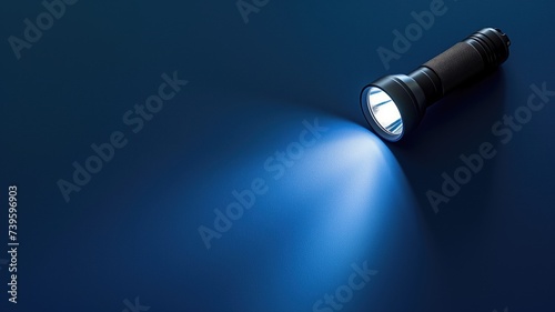 Flashlight shining light on dark blue surface photo