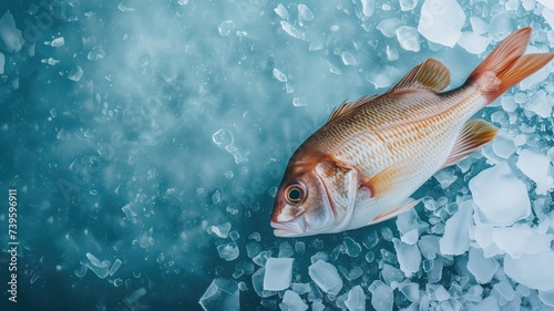 A fish on a bed of crushed ice with a chilly blue backdrop