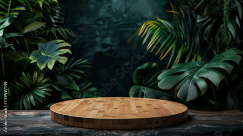 Empty round wooden table and tropical leaves on dark background. For product display. High quality photo