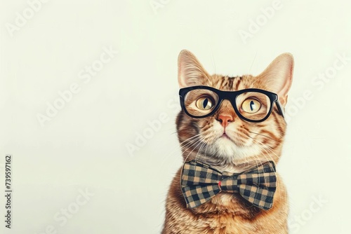 Whimsical illustration of a cat donning a bowtie and spectacles Against a stark white backdrop Capturing a blend of humor and sophistication