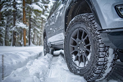 Winter tire on an suv in snowy conditions Emphasizing safety and reliability for family winter travel to ski resorts