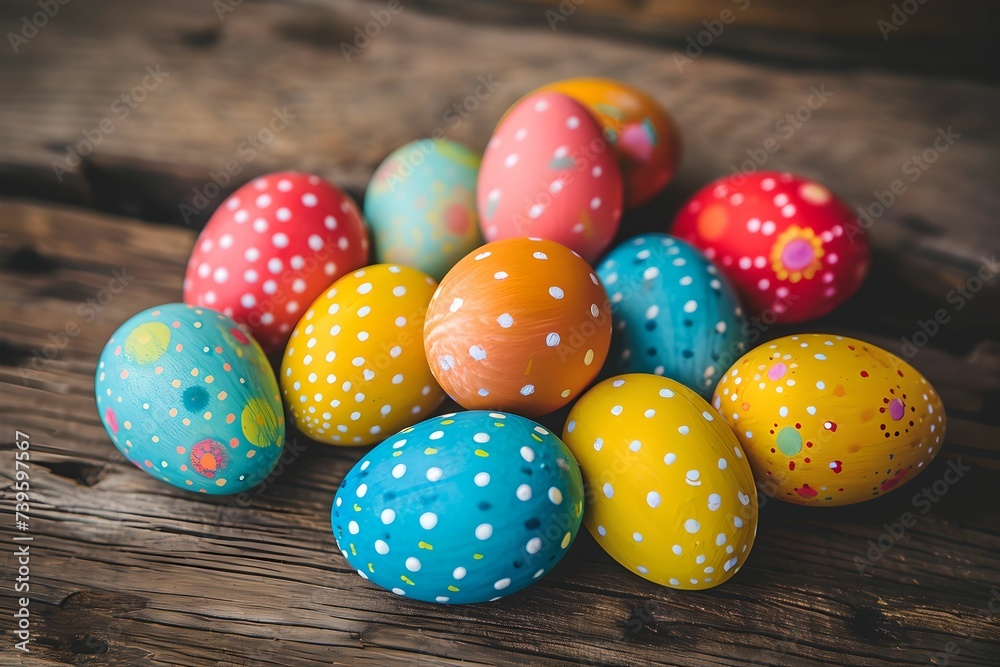 Colorful Easter Eggs on Wooden Table, vibrant, holiday, celebration, spring Colorful Easter Eggs on Wooden Table, vibrant, holiday, celebration, spring