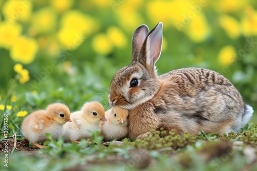 Easter Bunny with Chicks, adorable, cute, rabbit, holiday