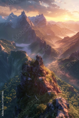This photo captures a stunning aerial view of a mountain range as the sun sets, showcasing the natural beauty of the landscape.