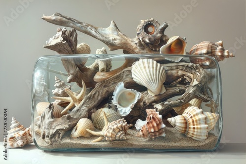 A collection of seashells and driftwood displayed in a glass jar on top of a table.