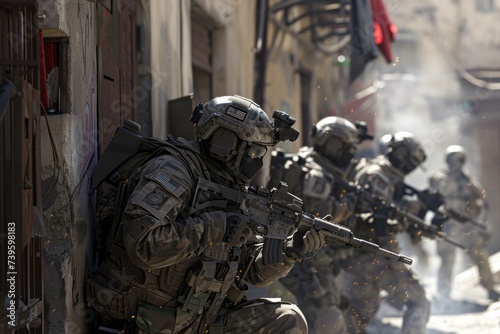 A counter-insurgency task force comprised of soldiers running down a street during an urban combat operation.