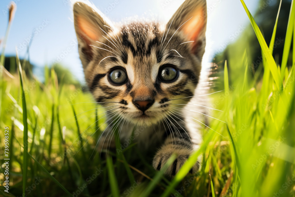 Playful Cute Kitten in Sunlit Grass