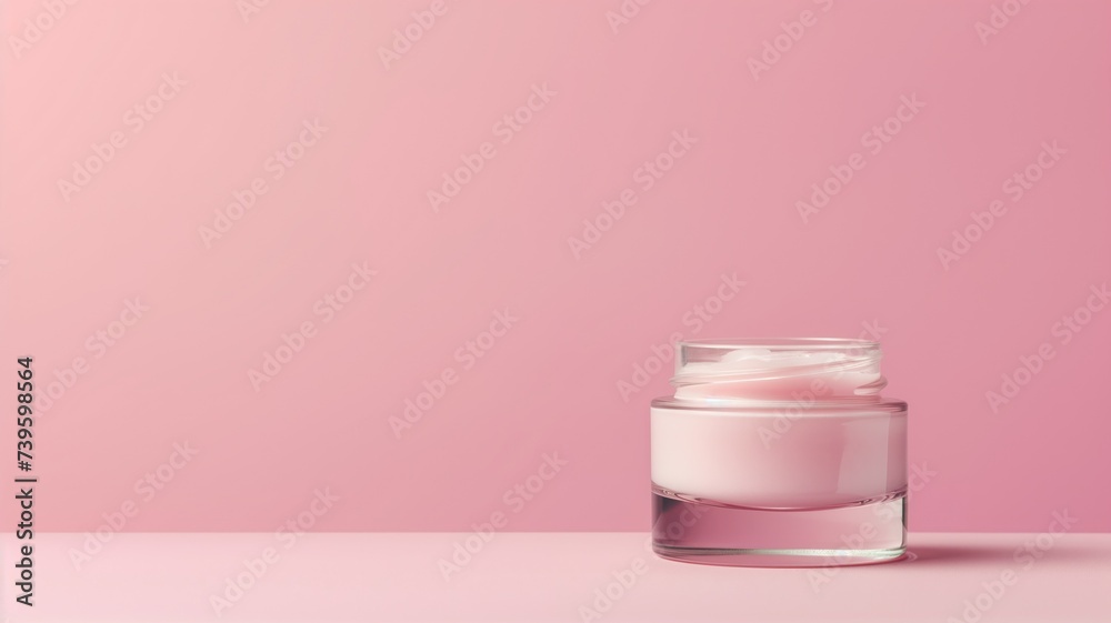 A jar of pink cream on a soft pink background A jar of pink cream on a soft pink background