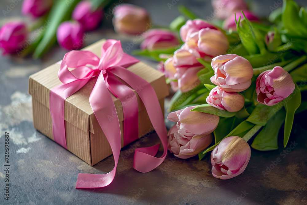 Gift Box with Pink Ribbon Beside Fresh Tulips