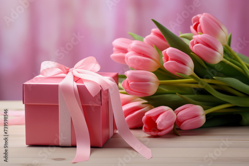 Gift Box with Pink Ribbon Beside Fresh Tulips © Dmitry Rukhlenko
