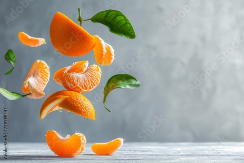 Healthy snack ripe tangerine or orange slices levitating on a white wooden table against a gray wall packed with vitamins