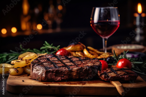 Succulent thick juicy portions of grilled fillet steak served with glass of wine, tomatoes and roast vegetables on an old wooden board