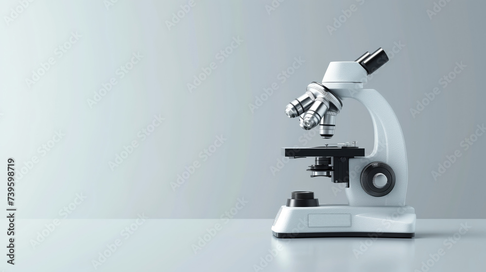 Modern microscope on a clean, gray surface Modern microscope on a clean, gray surface