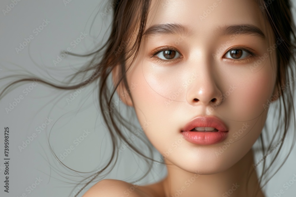 Portrait of a stunning Asian model with flawless skin on a grey backdrop Face care facial treatment cosmetology and plastic surgery featured Portrait of a stunning Asian model with flawless skin on a grey backdrop Face care facial treatment cosmetology and plastic surgery featured